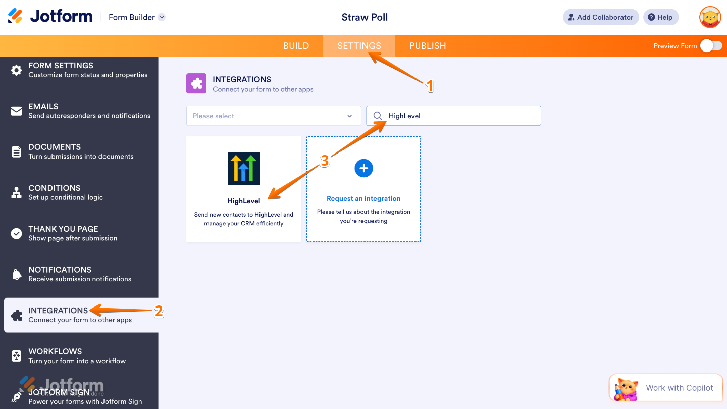 Form Builder interface with the Settings tab selected in the orange top navigation bar and Integrations highlighted in the left menu