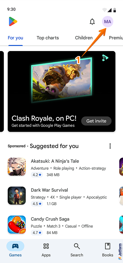Profile menu in Play Store App for Android