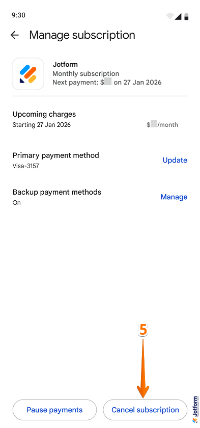 Cancel Subscription button in the Play Store app for Android