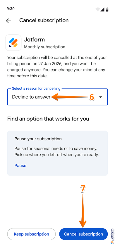 Cancellation Reason and Cancel Subscription button in the Play Store app for Android