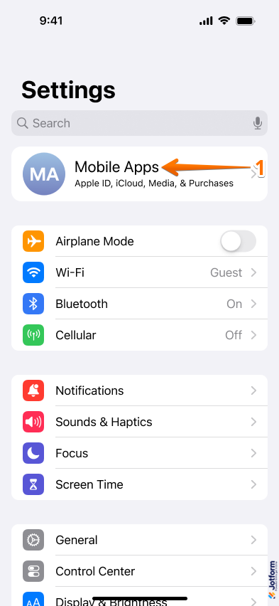 Account option in the Settings app on iOS