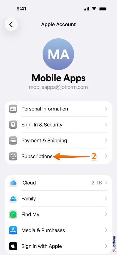 Subscriptions menu in the Settings app for iOS