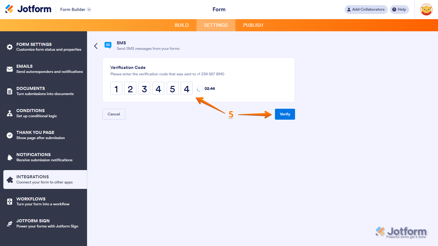 SMS integration settings showing Verification Code field and Verify button in Jotform
