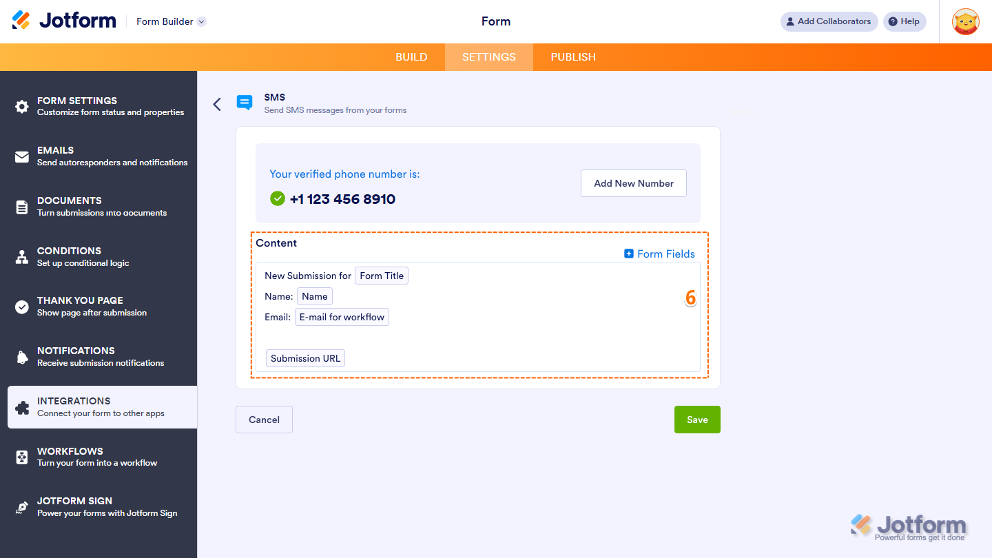 SMS integration settings showing Content section for customizing SMS message in Jotform