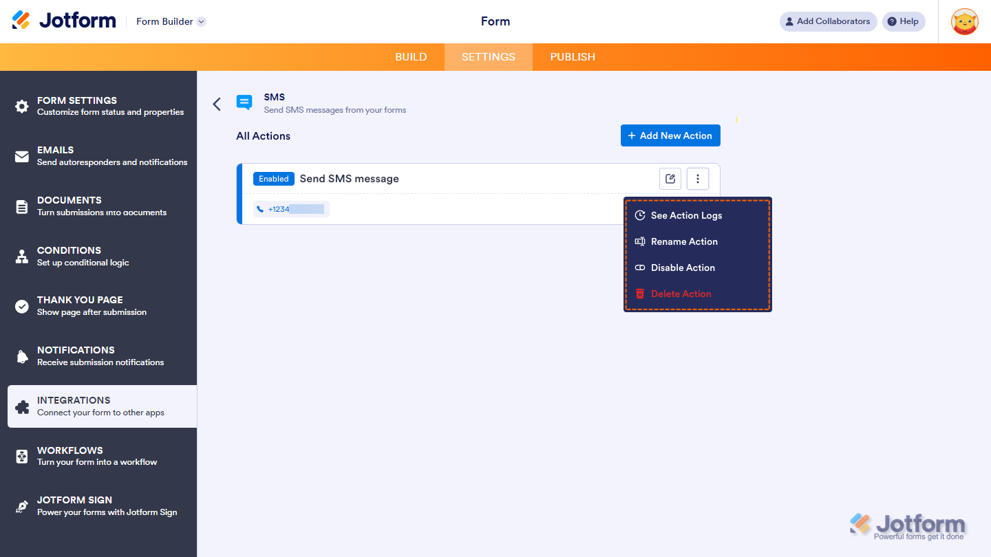 SMS integration actions list showing action options menu with logs rename disable and delete actions in Jotform 