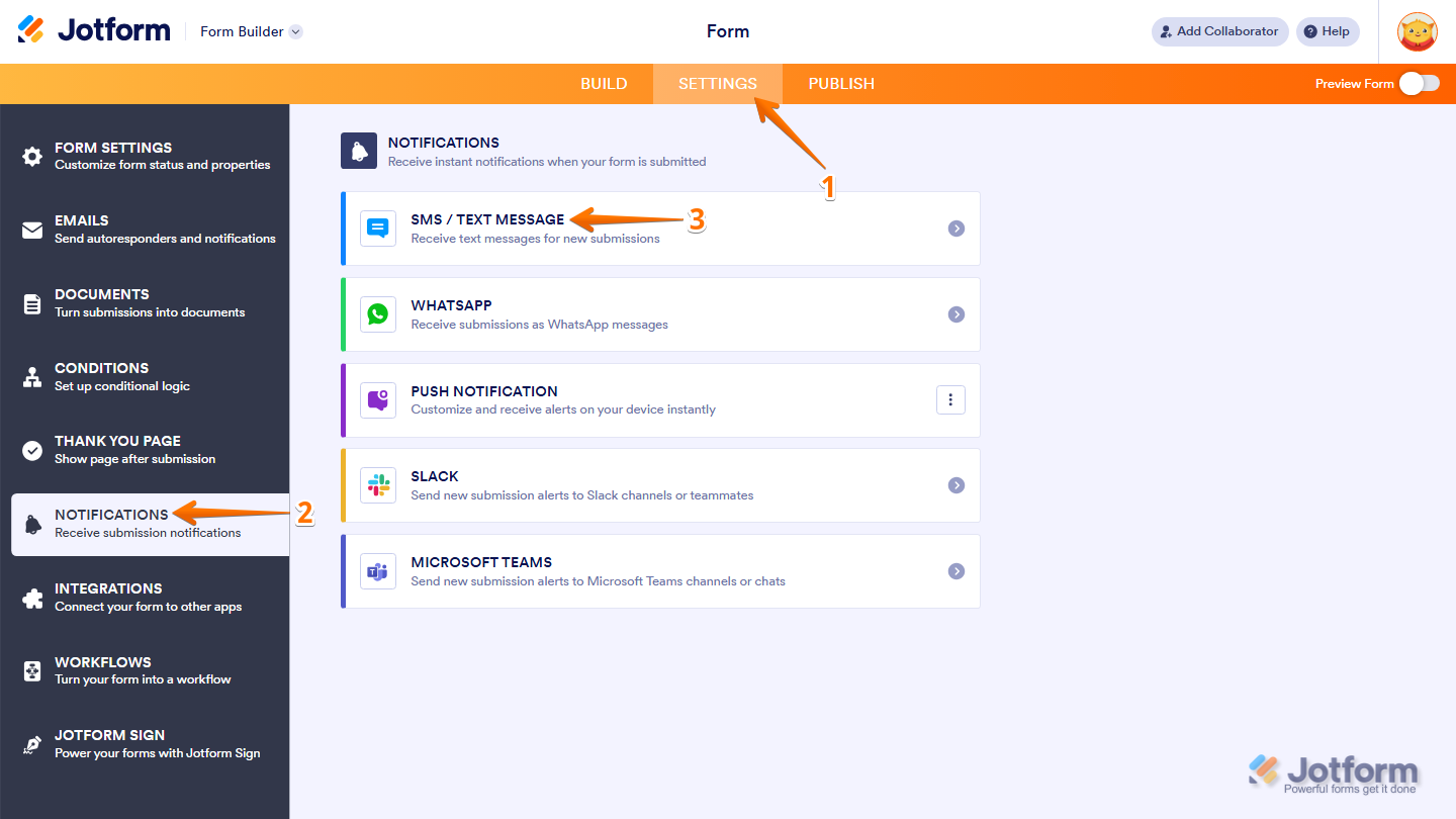 Form Builder Settings showing Notifications menu with SMS Text Message option selected in Jotform