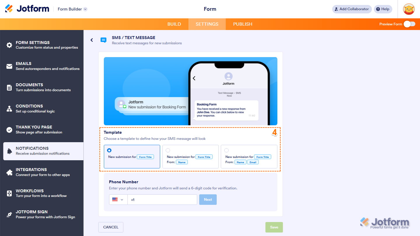 SMS notification settings showing Template selection dropdown in Jotform