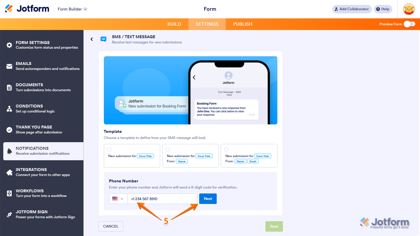 SMS notification settings showing Phone Number field and Next button for verification in Jotform