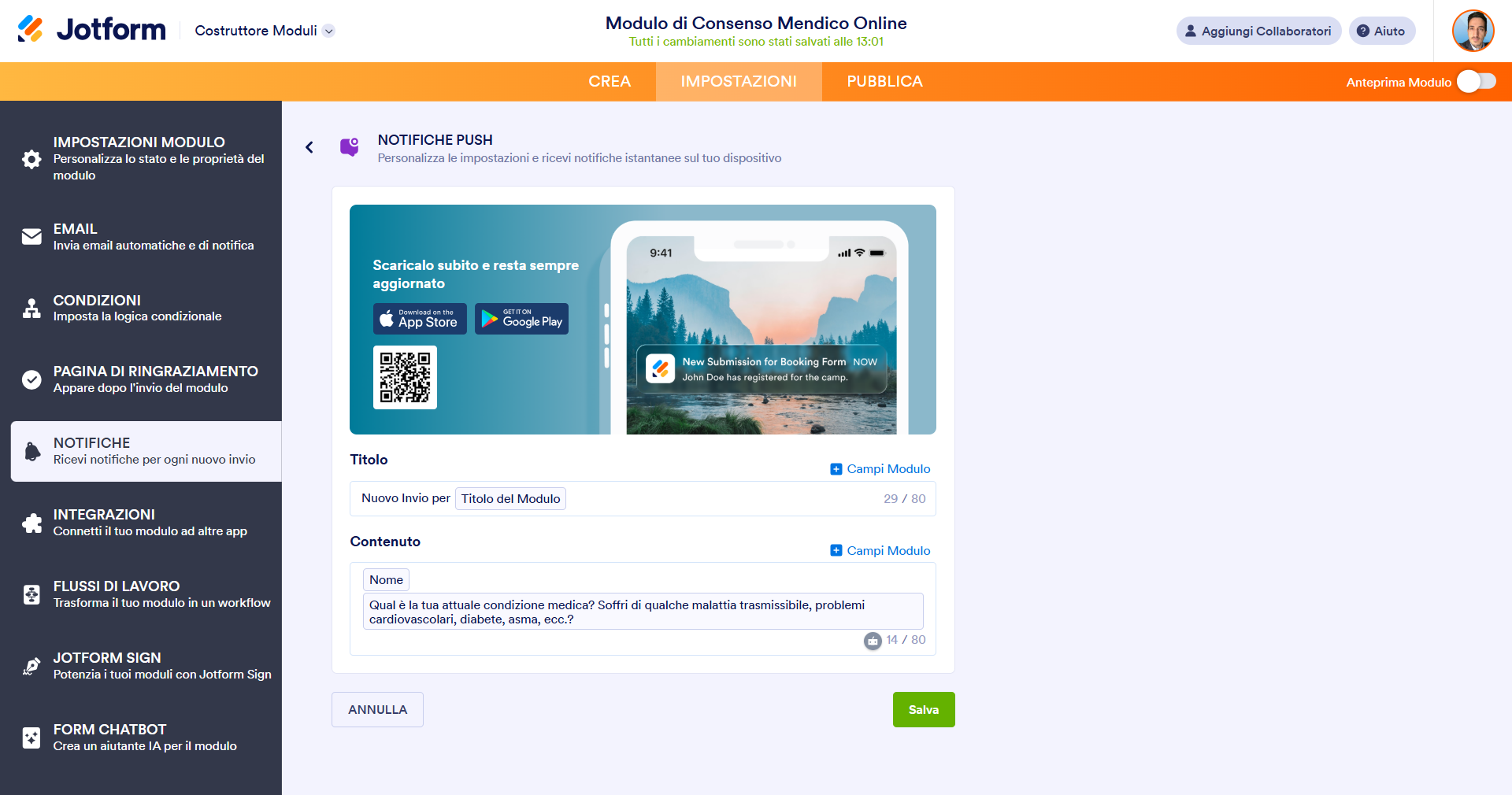 Visualizzazione della pagina Notifiche Push nel Costruttore di Moduli di Jotform