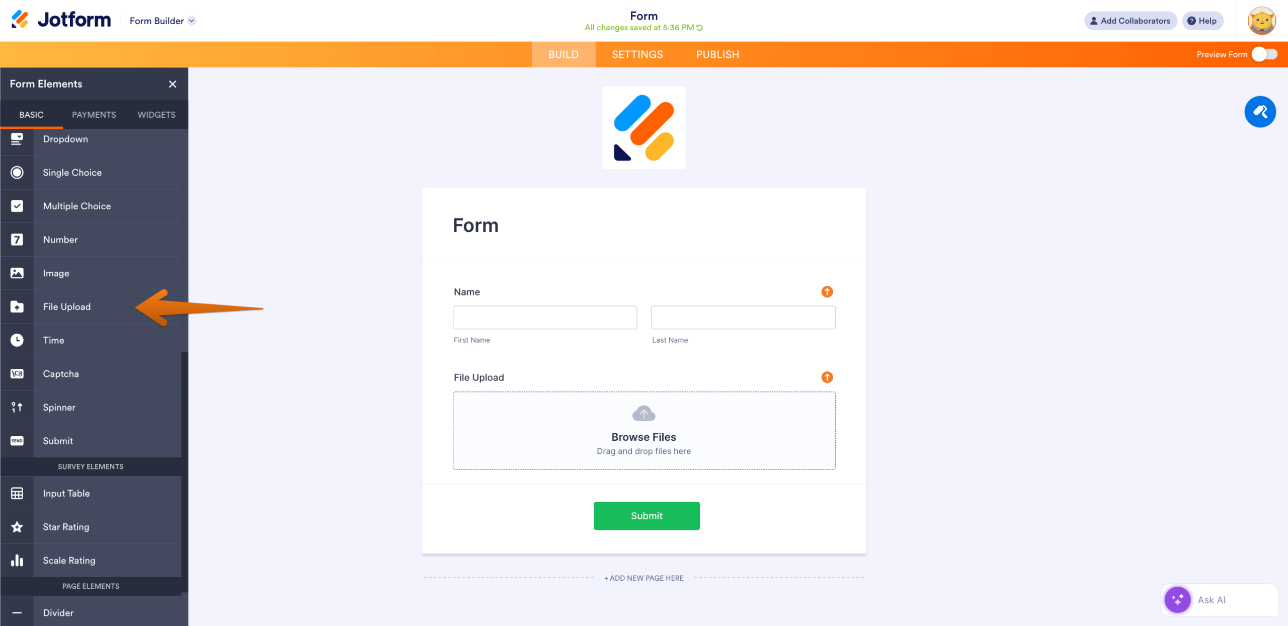 Jotform form builder showing the File Upload field added to a form for collecting photos