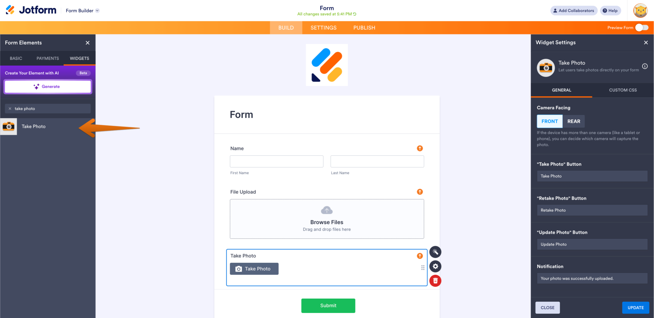 Jotform form builder showing the Take Photo widget added to a form with settings.
