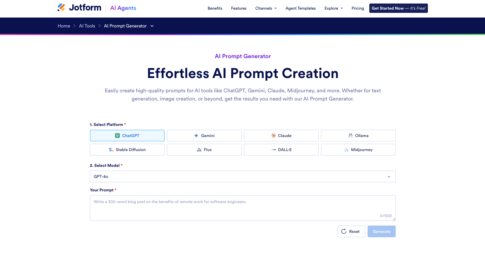 screenshot of Jotform AI prompt generator landing page with the words effortless ai prompt creation