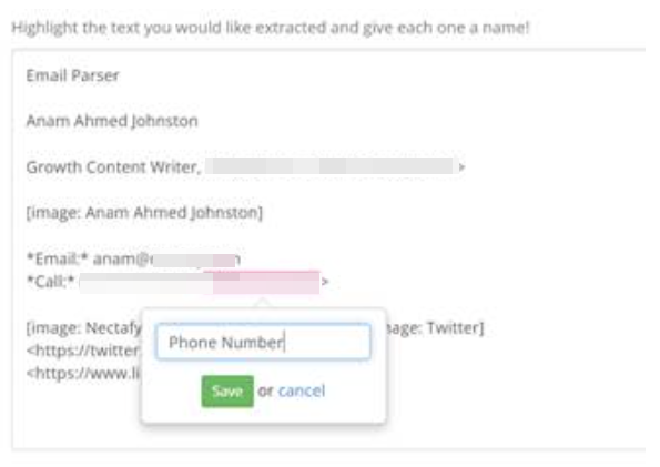 zapier email parser dashboard screenshot where users highlights the data she wants the tool to extract
