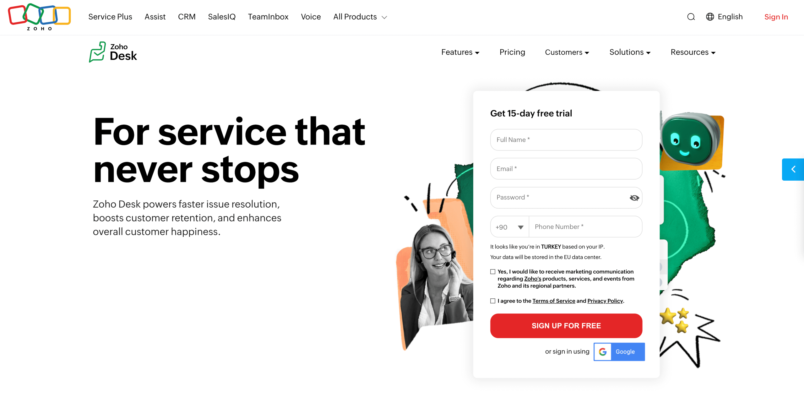 Screenshot of Zoho Desk's landing page, showing a headline "For service that never stops"