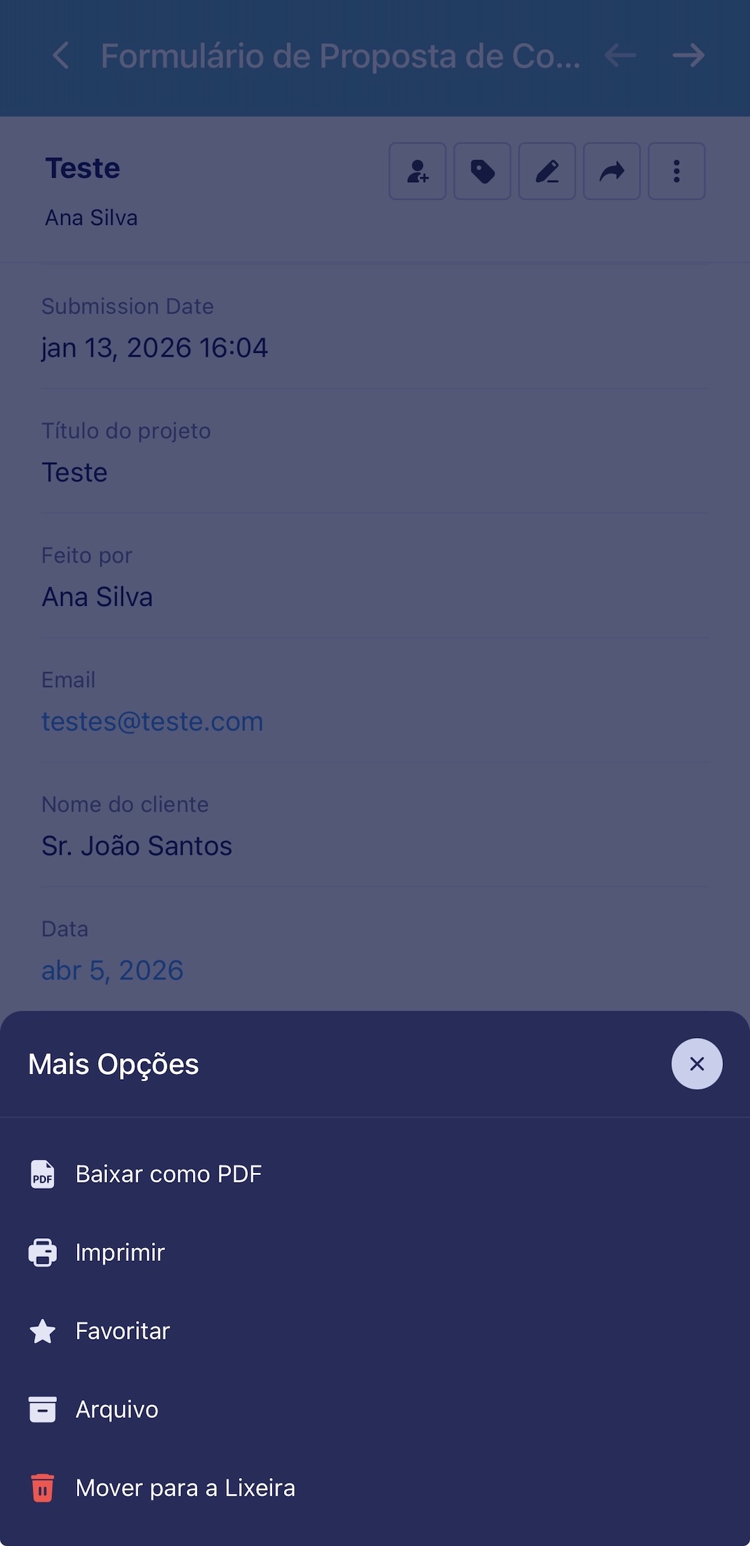 Menu Mais Opções