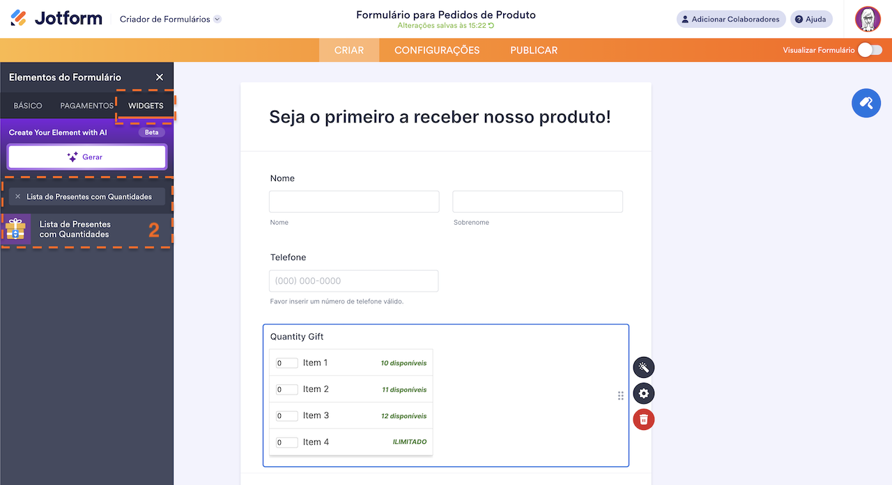 Adicionando Widget Lista de Presentes com Quantidades