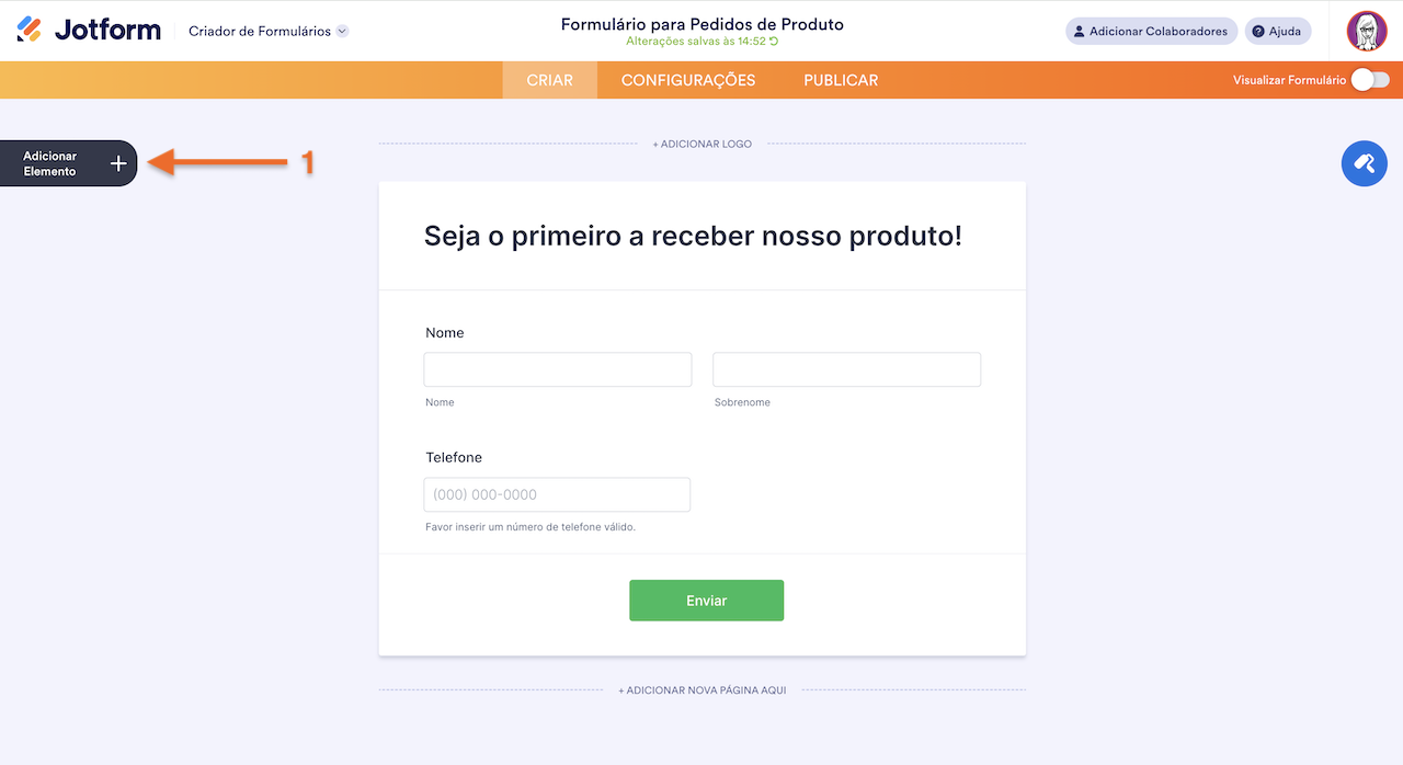Acessando o Menu Adicionar Elemento