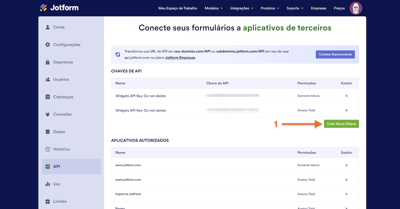 Criando Nova Chave de API