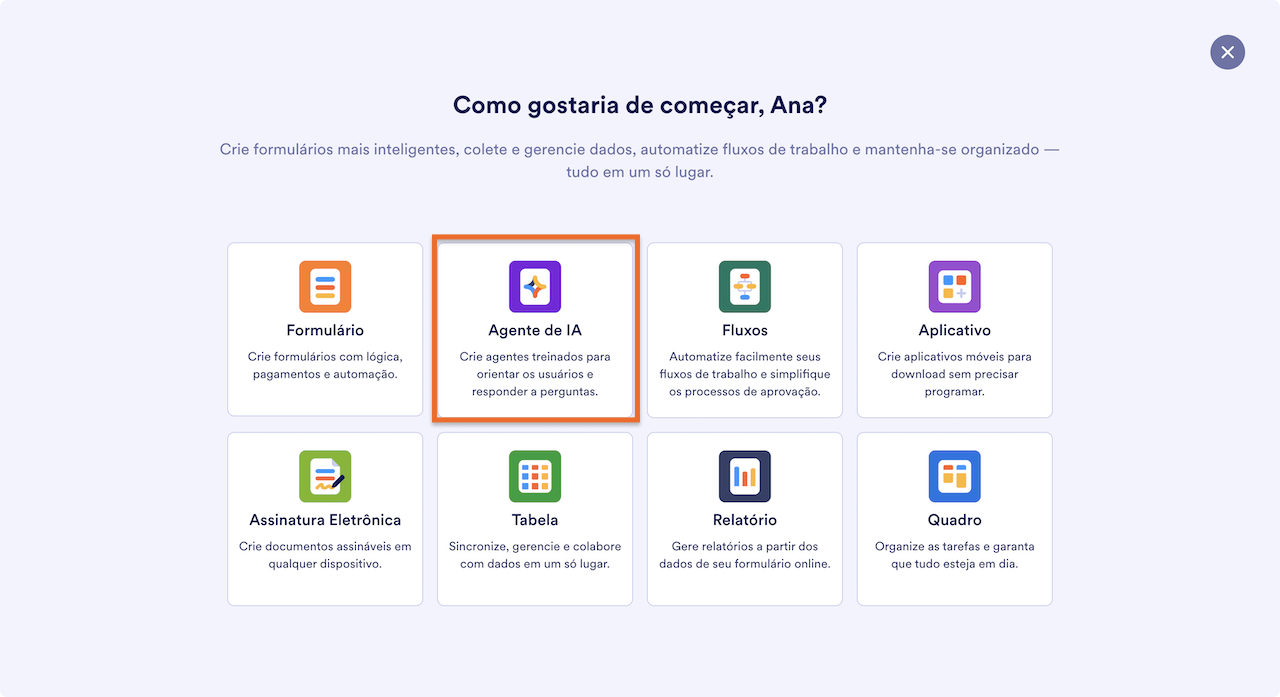 Selecionando Agente de IA no Espaço de Trabalho Jotform