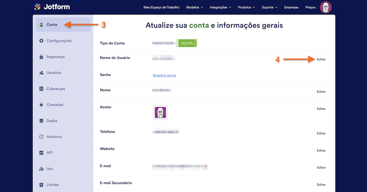 Acessando Conta e Clicando em Editar