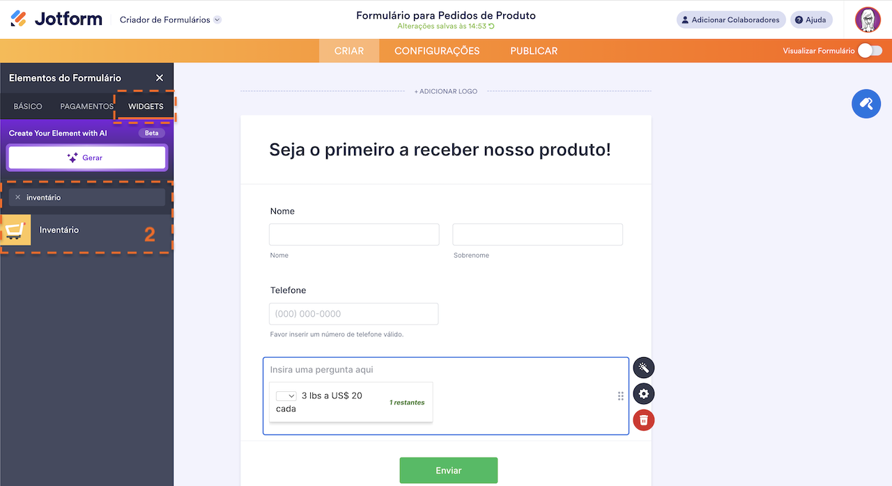 Adicionando Widget Inventário