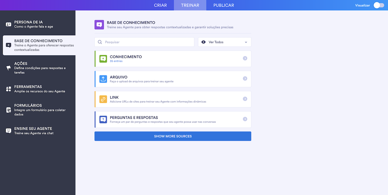 Clicando na aba Treinar e, em seguida, na aba Base de Conhecimento no Criador de Agentes de IA Jotform