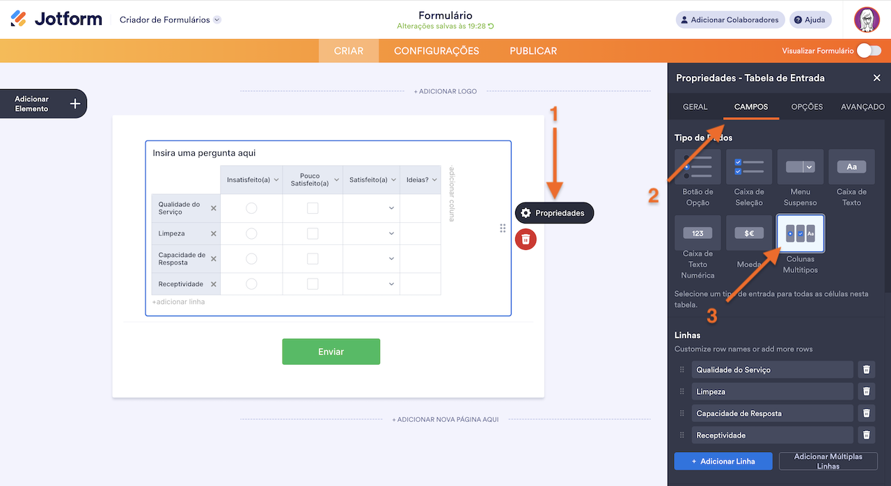 Configurando a Tabela