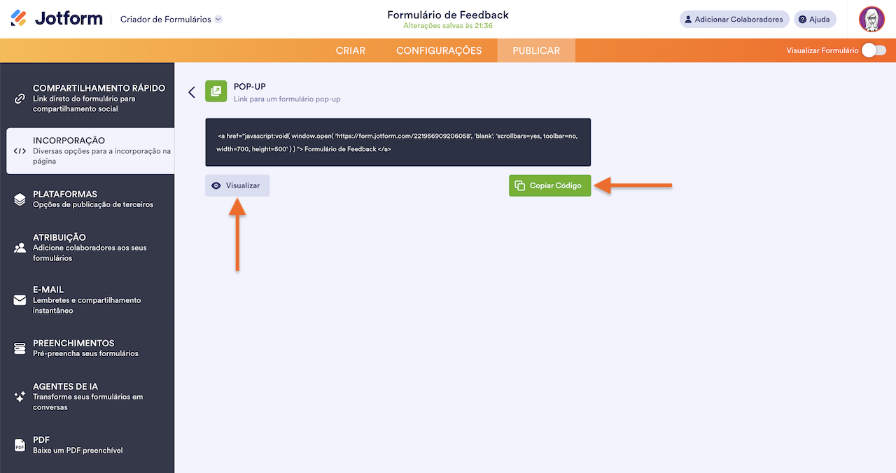 Copiando Código de Incorporação