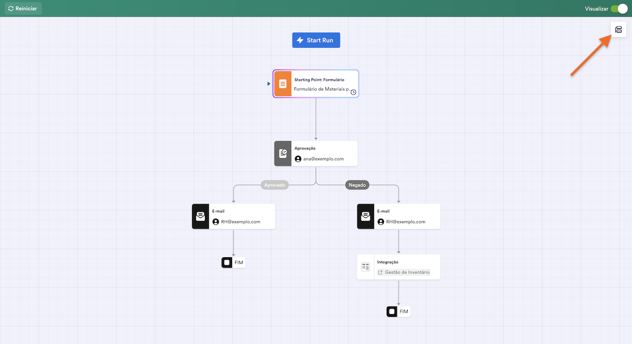 Clicando no botão Resumo de Execução no canto superior direito do Criador de Fluxos