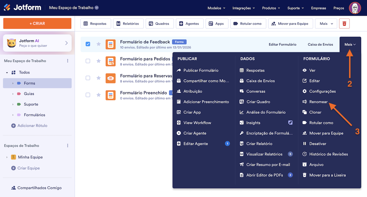 Renomear no Menu Mais