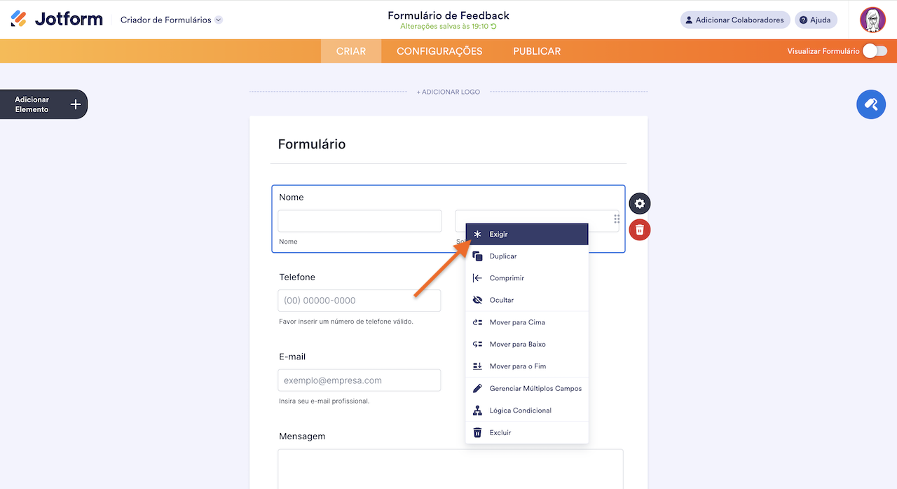 Tornando Obrigatório no Menu de Contexto