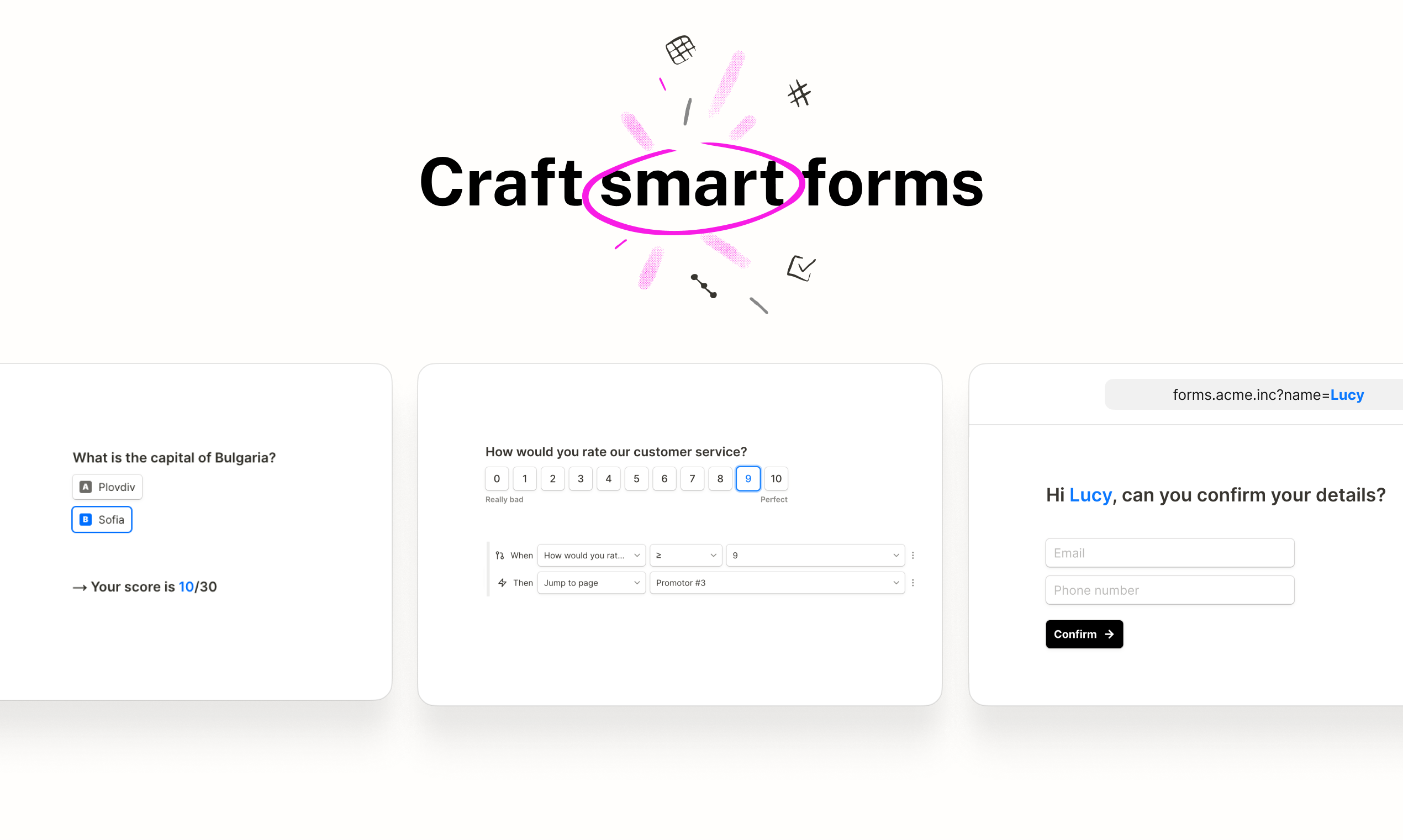 “Illustration showing the Craft Smart Forms logo with the word ‘smart’ highlighted, surrounded by three sample form interfaces: a multiple-choice quiz question, a customer service rating scale, and a personal details confirmation form