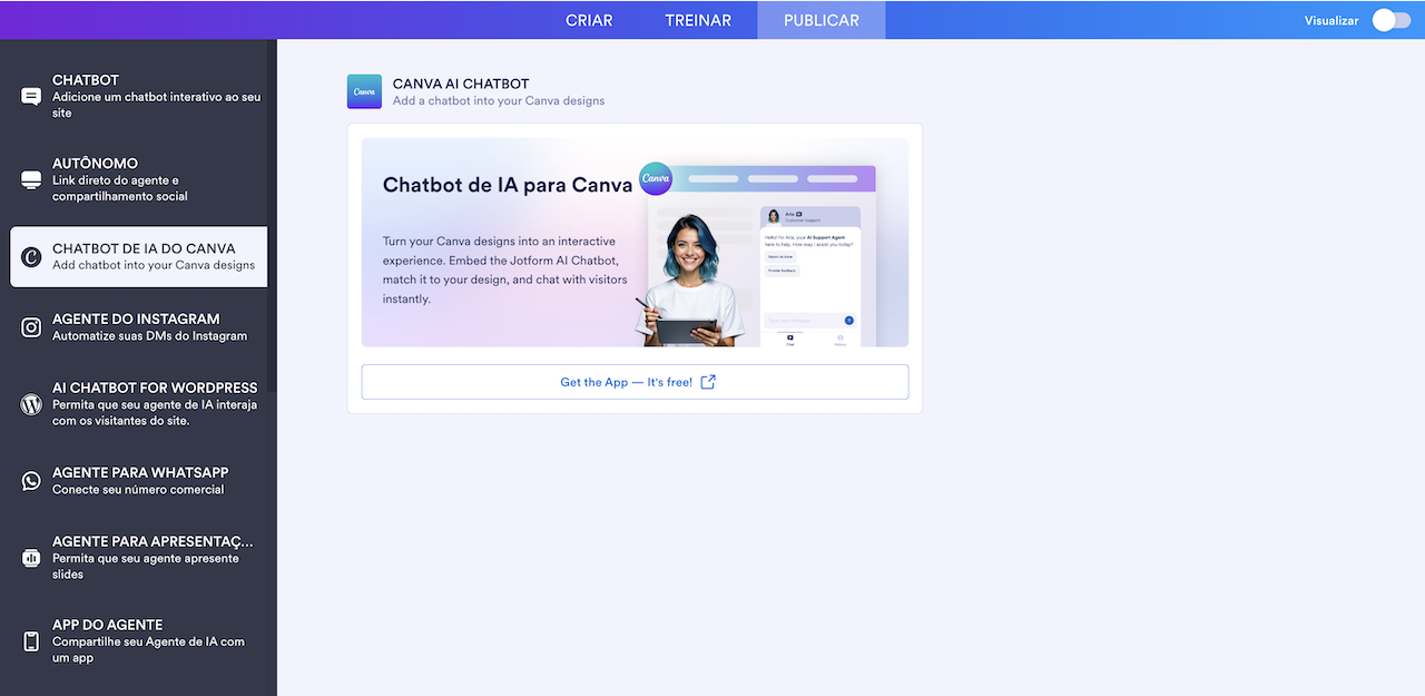 Clicando na aba Publicar e, em seguida, visualizando a página do Chatbot de IA do Canva
