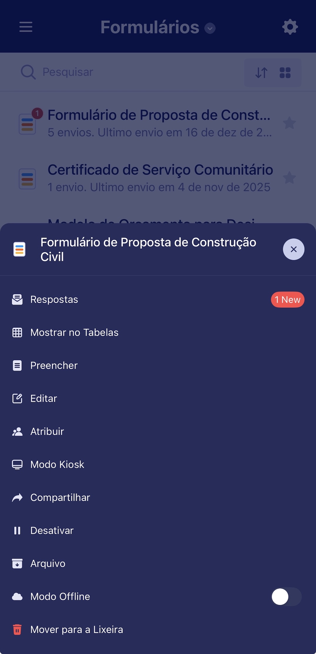 Opções ao Clicar no Formulário