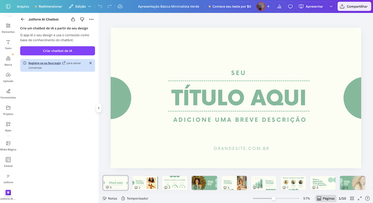 Captura de tela mostrando o Jotform AI Chatbot na biblioteca de aplicativos do Canva
