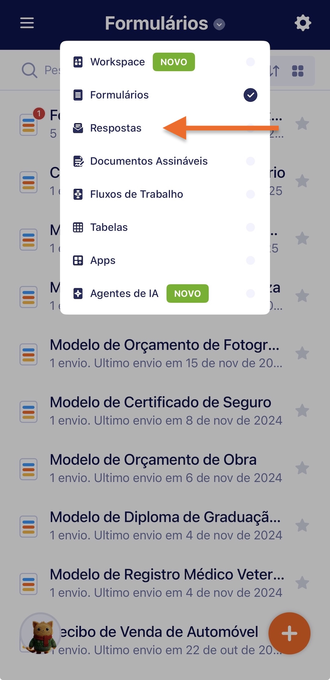Selecionando Respostas no Menu de Contexto