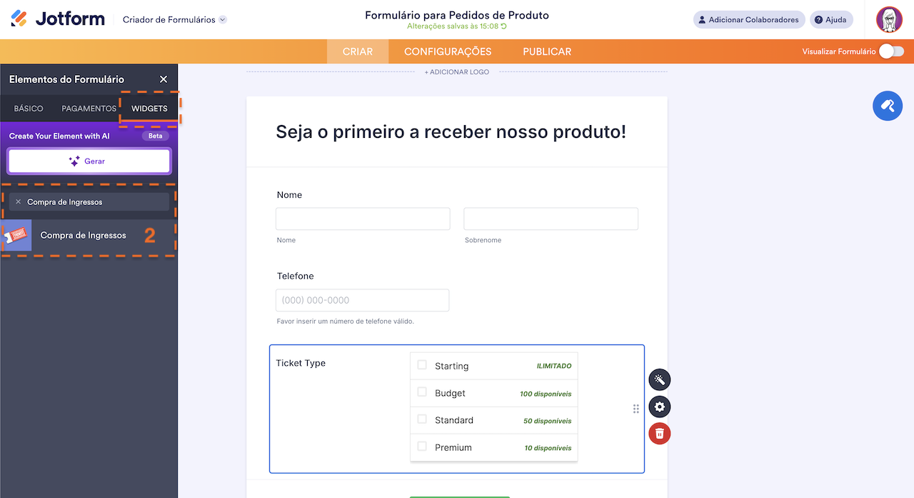 Adicionando Widget Compra de Ingressos