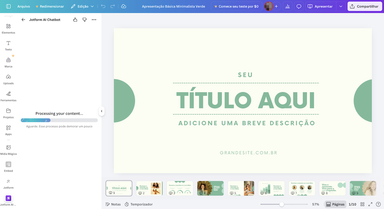 Captura de tela do Jotform AI Chatbot processando conteúdo e design