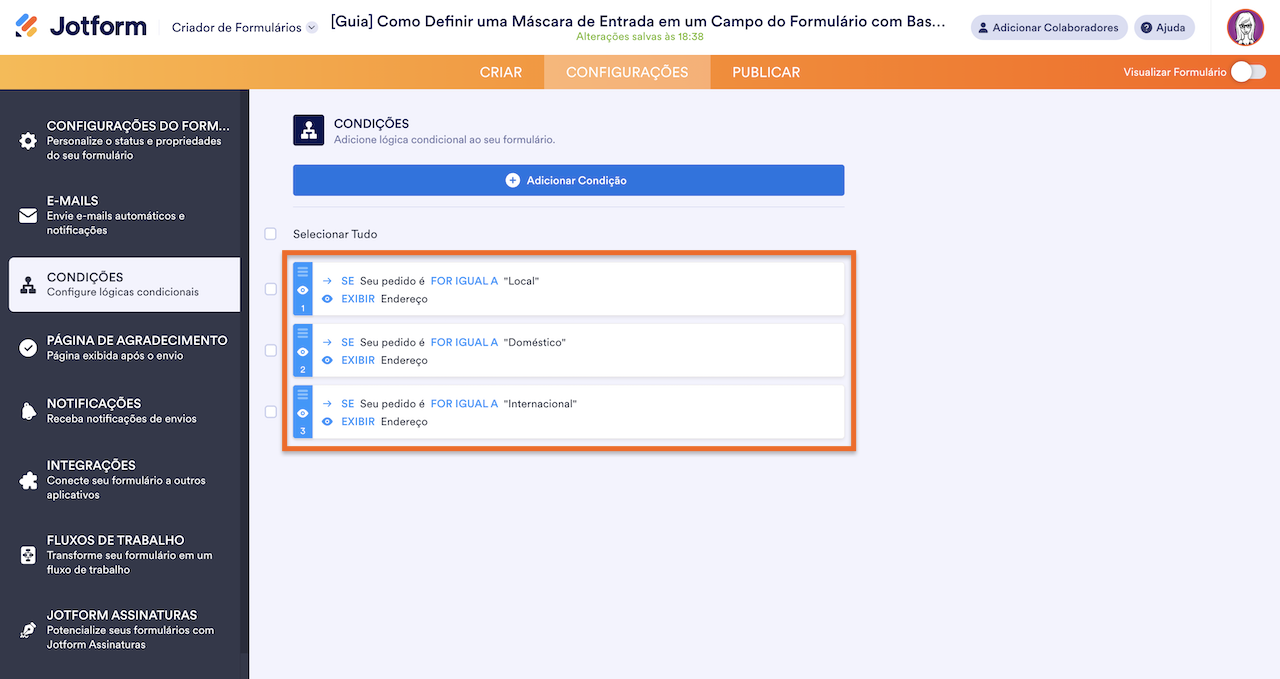 Todas as Condições Criadas