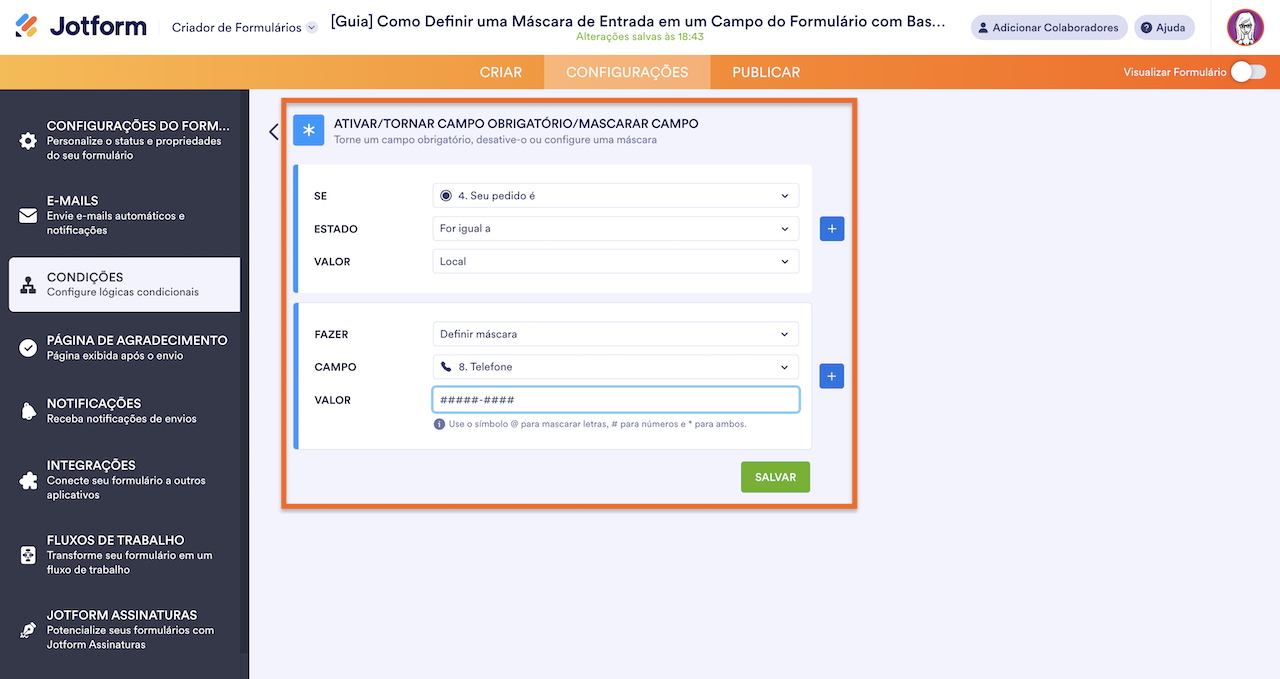 Configurando Condição Ativar/Definir Máscara