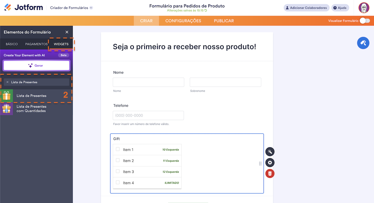 Adicionando Widget Lista de Presentes
