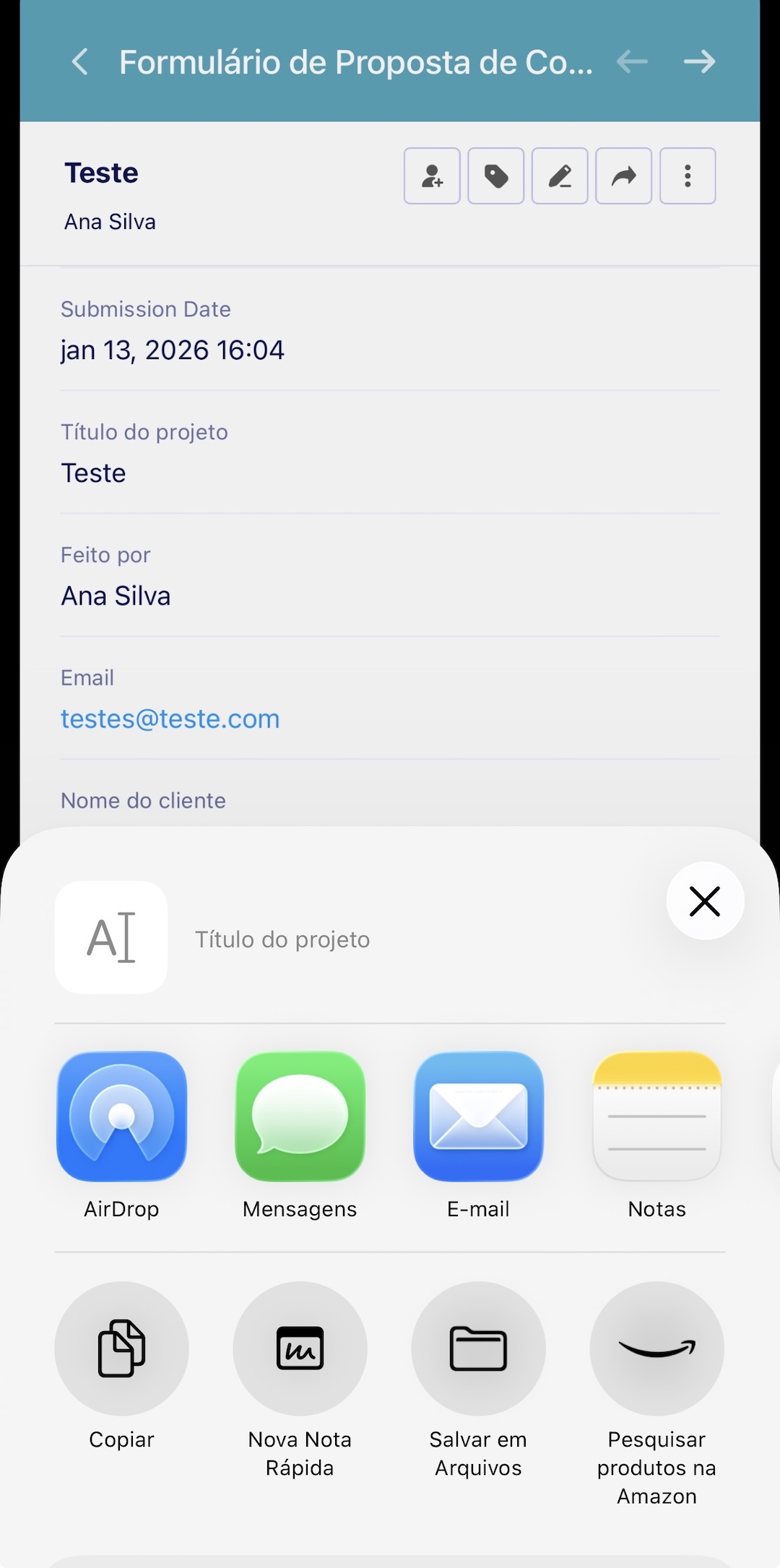 Opções de Compartilhamento do Formulário no iPhone