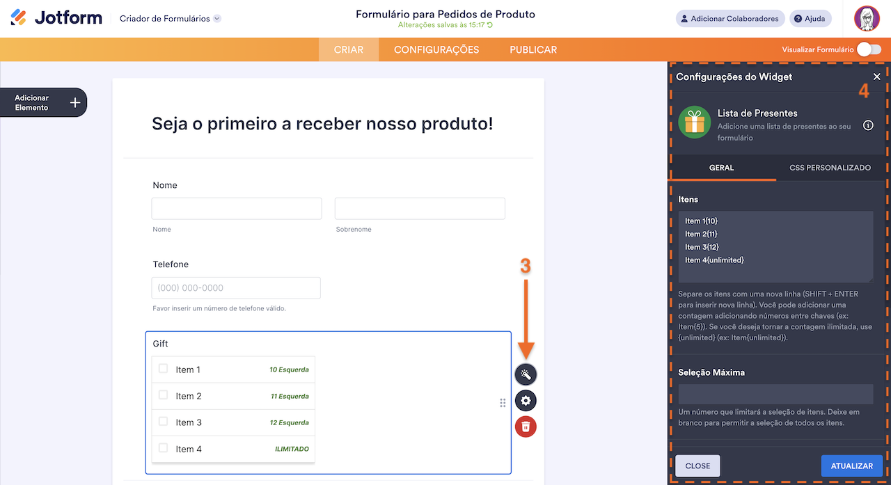 Propriedades do Widget Lista de Presentes