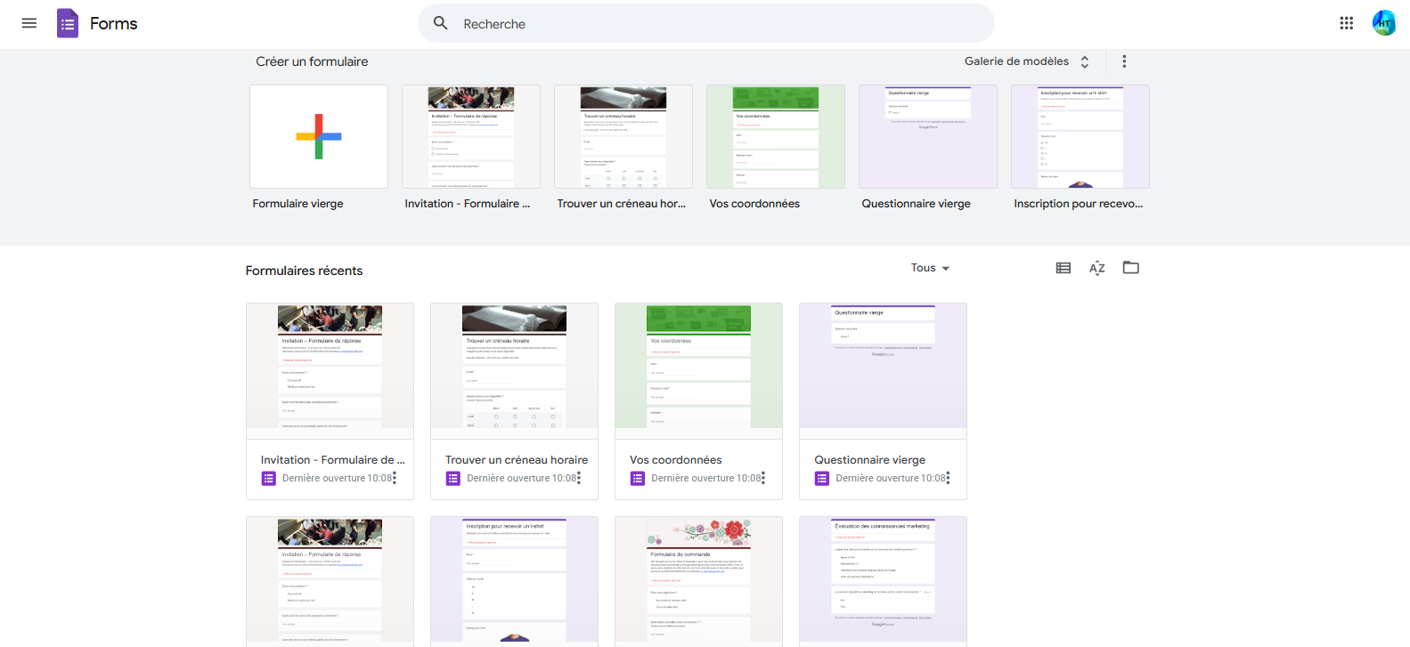 Capture d'écran de l'interface Google Forms une fois la connexion établie