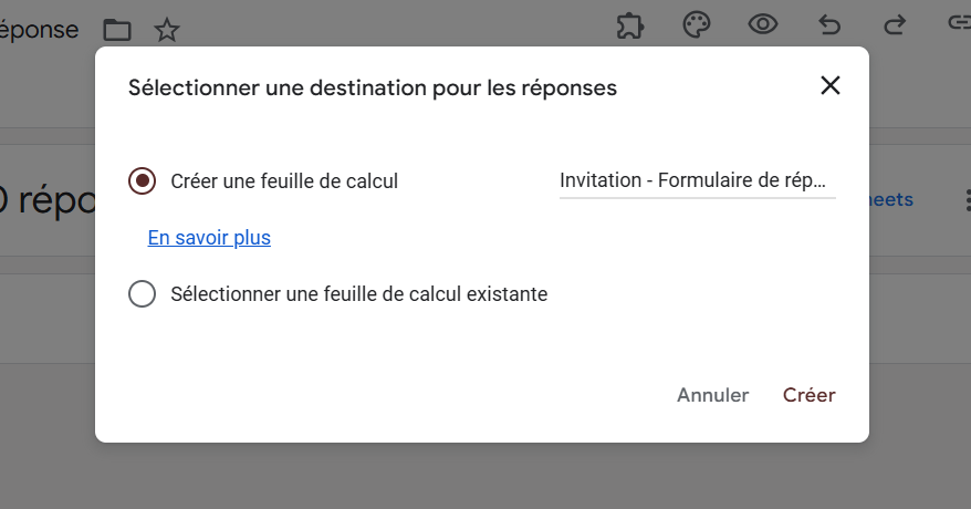 Capture d'écran de la fenêtre modale Sélectionner une destination pour les réponses avec l'option Créer une feuille de calcul sélectionnée