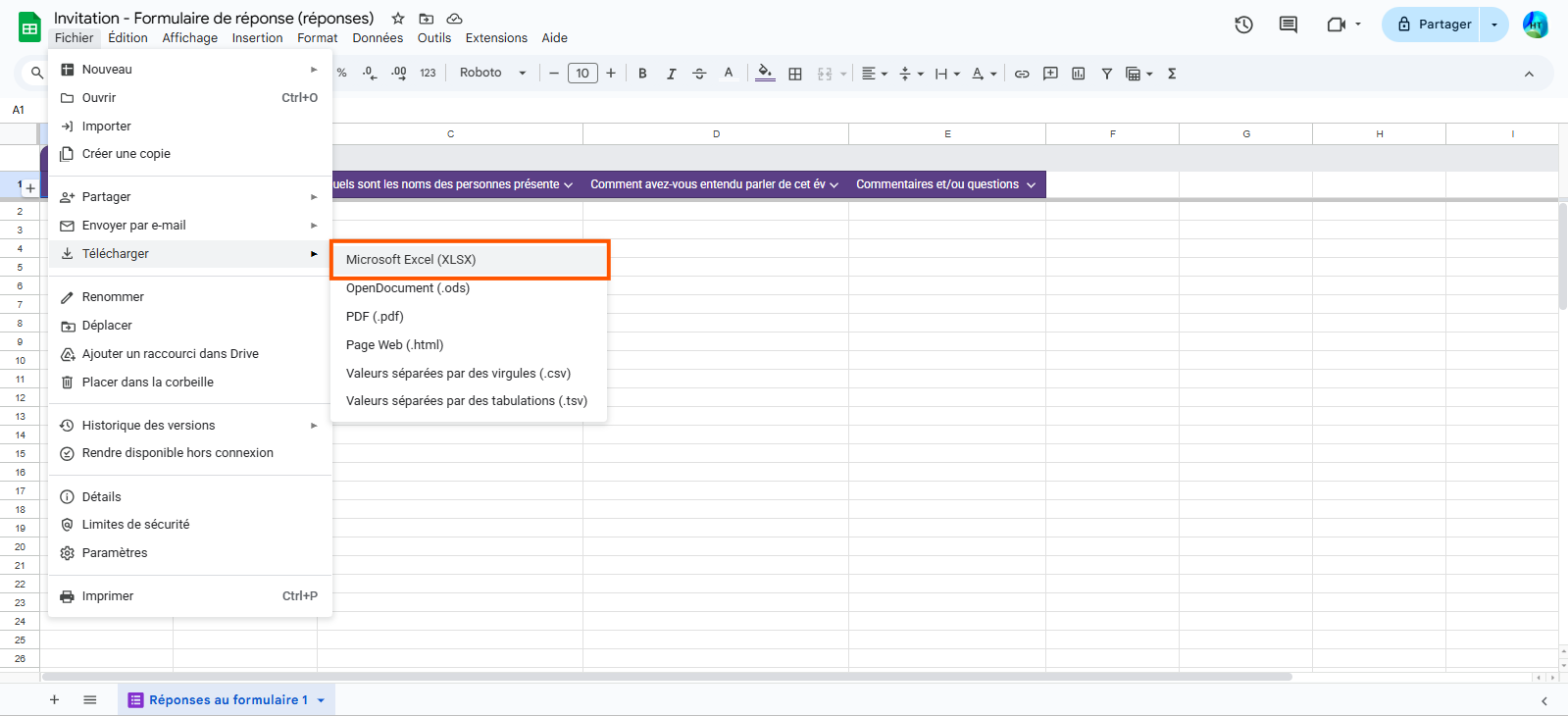 Capture d'écran de la feuille de calcul correspondant au formulaire lié avec le menu Fichier déroulé et un encadré autour de l'option Microsoft Excel, dans Google Forms
