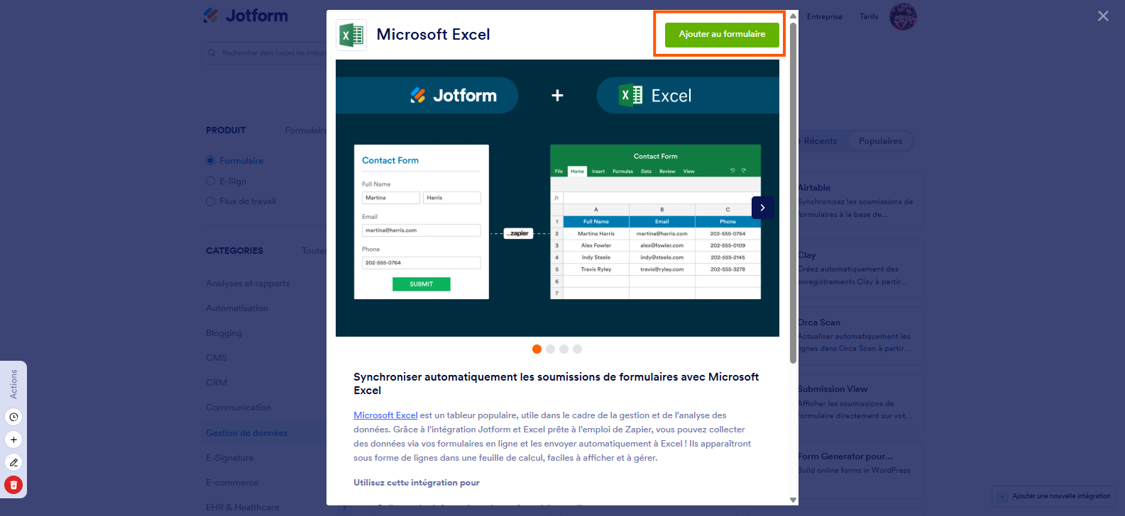 Capture d'écran de la page d'intégration Microsoft Excel-Jotform avec une flèche pointant vers le bouton Ajouter au formulaire en haut à droite