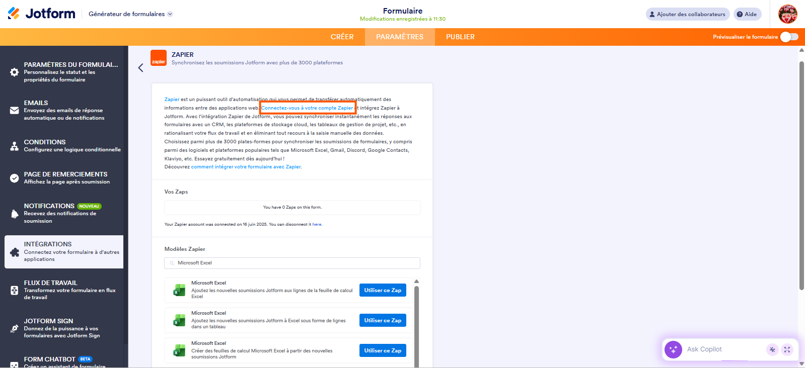 Capture d'écran de l'intégration Zapier pour intégrer Microsoft Excel à Jotform avec un encadré autour du lien Connectez-vous à votre compte Zapier