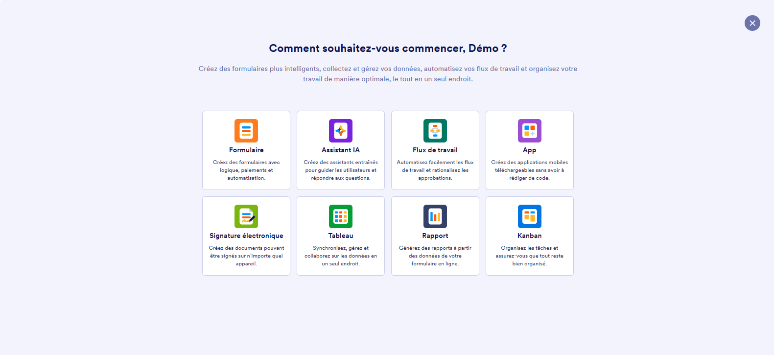 Capture d'écran de la page Comment souhaitez-vous commencer ? dans Mon Espace de Travail dans le Générateur de formulaires Jotform