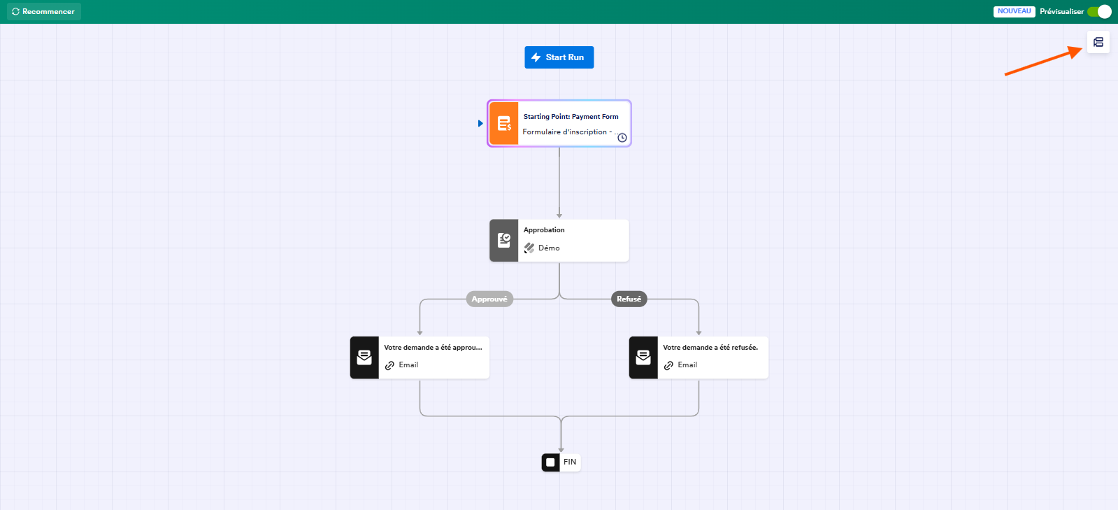 Capture d'écran d'un flux de travail dans Jotform avec une flèche pointant vers le bouton Résumé d'exécution en haut à droite